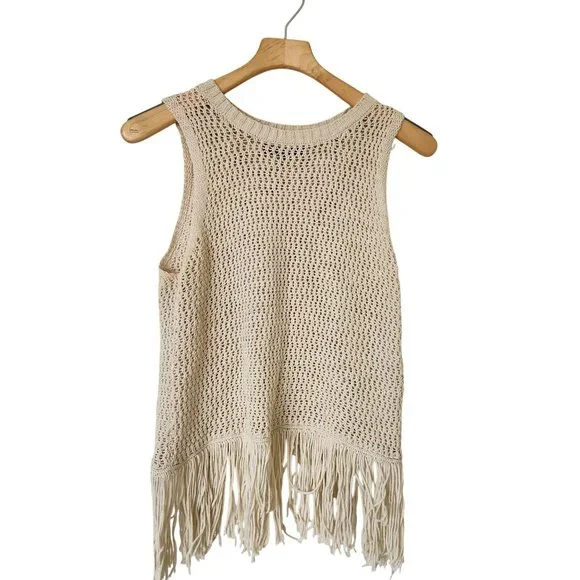 Michael Stars Crochet Fringe Knit Sleeveless Top Beige Soft Comfy Festival Boho - Picture 2 of 12